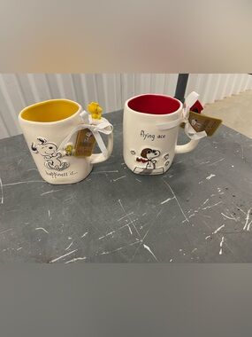 Rae Dunn Peanuts mug bundle  - Happiness is and Flying Ace 3d figural design new